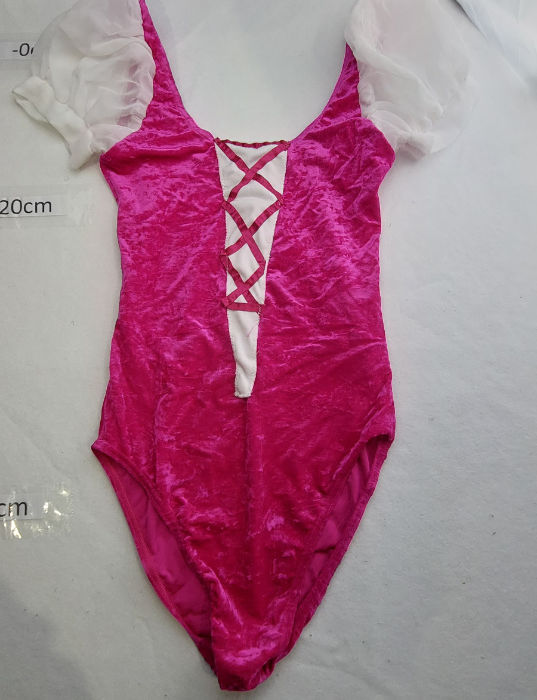 PINK VELOUR LEOTARD WITH CRISS CROSS LACED FRONT