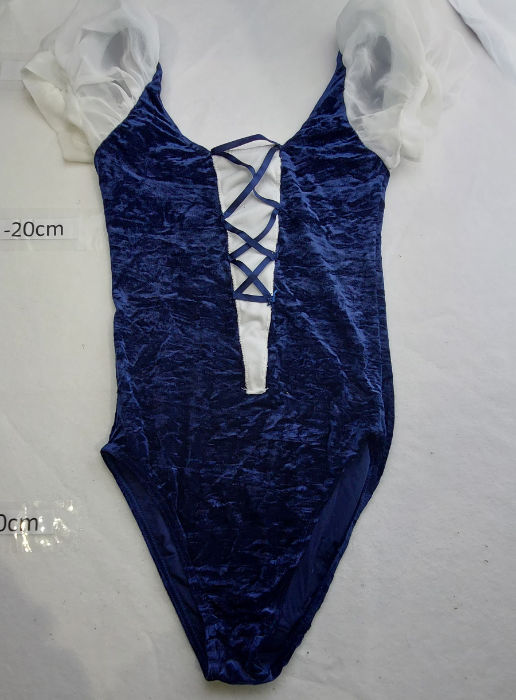 NAVY VELOUR LEOTARD WITH CRISS CROSS LACED FRONT