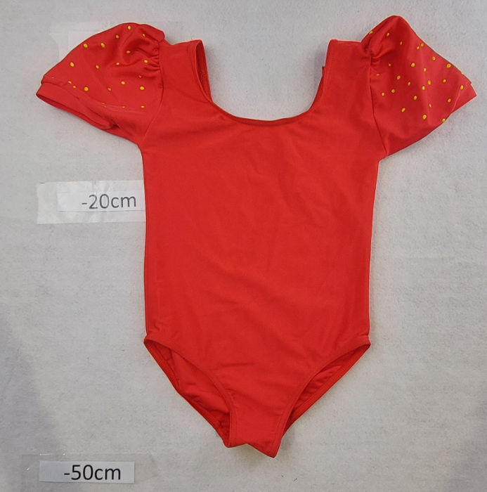 RED LEOTARD WITH YELLOW POLKA DOT SLEEVE