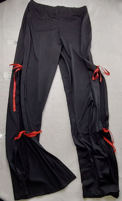 BLACK NYLON TROUSERS WITH OPEN SIDES AND RED RIBBON TIES